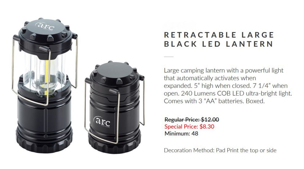 Closeout pricing on a very bright collapsible lantern for the campsite or for a power outage.
