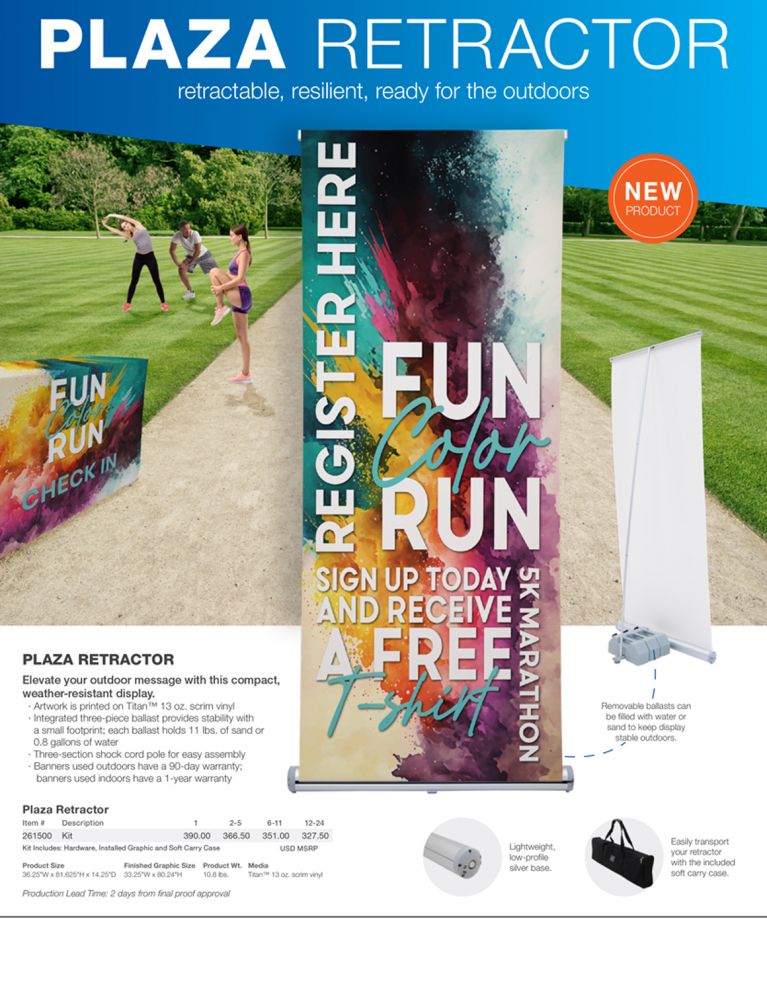 Now, finally we have an Affordable Outdoor Retractable Banner System. Designed for Outdoor displays. Comes with ballast containers. CLICK ON PHOTO FOR VIDEO.